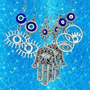 Set of 3 Evil Eye & Hamsa Hand Dangle Earrings, Bohemian Silver-Tone